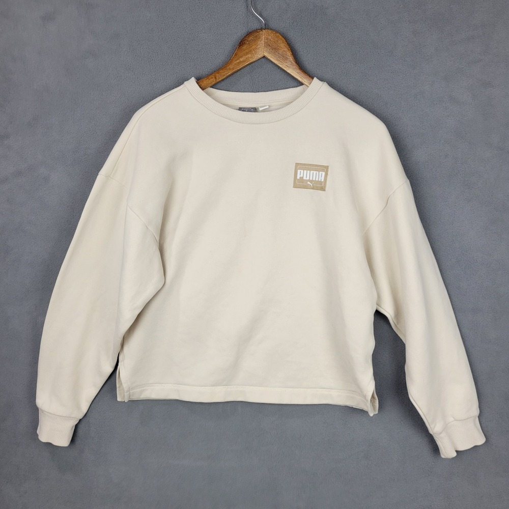 Puma Sweatshirt Women Small Beige Fleece Lined Relaxed Fit Logo Ribbed Side Slit